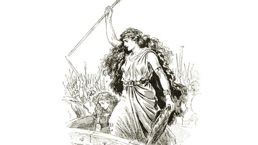 Eine Zeichnung zeigt Boudicca, wie sie von einem Podest zu Gefolgsleuten für den Aufstand gegen die Römer spricht.
