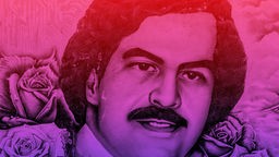 Illustration: WDR Hörspiel-Podcast "Dunkle Seelen": Eine Zeichnung von Pablo Escobar, umgeben von Rosen, das Bild ist dunkel lila-rot hinterlegt.