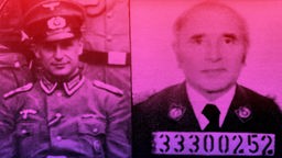Illustration: WDR Hörspiel-Podcast "Dunkle Seelen": Klaus Barbie in Nazi Uniform (links) und Ausweisbild von Klaus Barbie (rechts), die Fotos sind dunkel lila-rot hinterlegt.