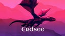 Illustration zum Hörspiel-Podcast "Erdsee": Ein Drache fliegt durchs Bild, im Hintergrund Berge, das Bild ist rot und lila hinterlegt. Dazu der Titelschriftzug.