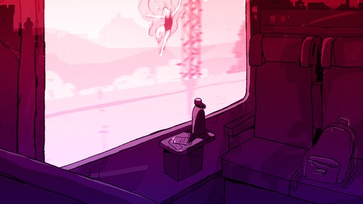 Eine gezeichnete Szene: Ein Zugabteil mit großem Fenster, in dem ein tauchendes Mädchen zu sehen ist