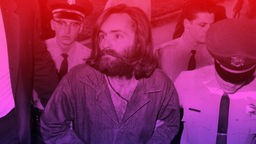Illustration: WDR Hörspiel-Podcast "Dunkle Seelen": Charles Manson von Polizisten umgeben, das Foto ist dunkel lila-rot hinterlegt.