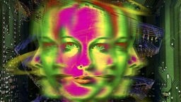 Psychedelische Animation: Ein bunter Frauenkopf mit mehreren Gesichtern, um ihn herum fliegen Musiknoten.