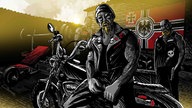 Illustration: Drei Biker stehen vor ihren Motorrädern, im Hintergrund eine Reichsflagge mit Adler und Kreuz.