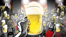 Illustration Radio Tatort: Auf einem Oktoberfest wird ein Bierglas zum Prost gehoben.