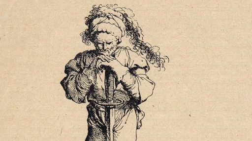 Eine Zeichnung von Salvator Rosa aus dem 17. Jahrhundert: Ein Scharfrichter stützt sich auf sein Schwert.
