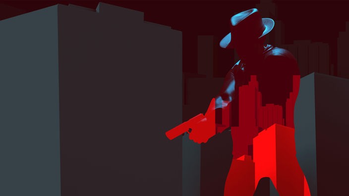 Noir-Illustration einer Detektivsilhouette mit Pistole vor einem dunklen Stadthintergrund.
