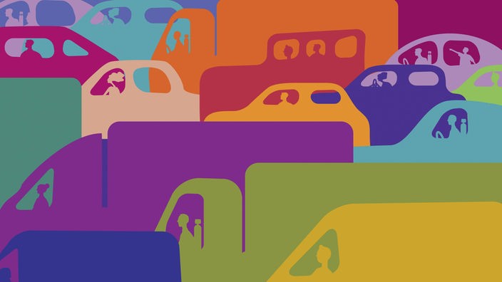Illustration: Bunter Verkehrsstau mit Autos und LKWs.