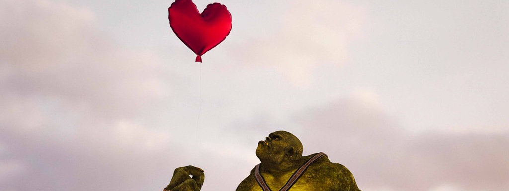 Ein Troll mit Herzchen-Luftballon in der Hand.