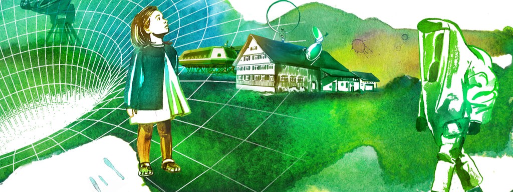 Illustration "Antikammer": Ein Mädchen vor einem grünen Hintergrund, über ihr eine Drohne, neben ihr ein Mensch im Seuchenanzug, hinter ihr ein Haus mit Satelliten.