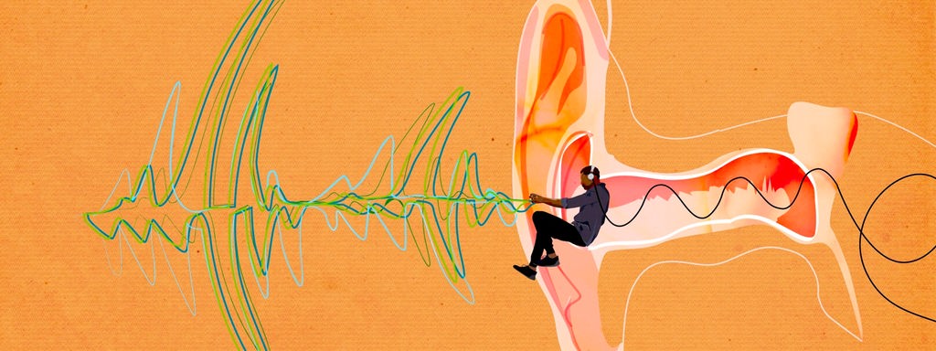 Illustration: Ein Mensch sitzt in einem Ohr und trägt Kopfhörer.