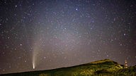 Der Komet Neowise vor einem hellen Sternenhimmel.