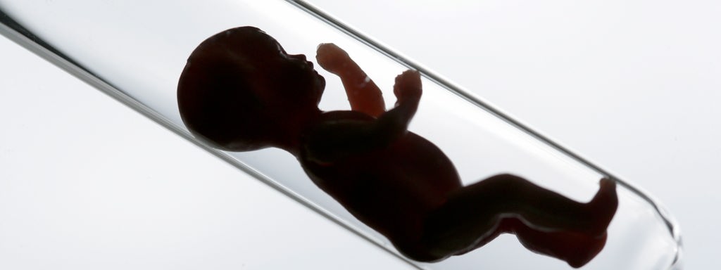 Eine winzige Babypuppe in einem Reagenzglas; Symbolbild für In-Vitro-Fertilisation.