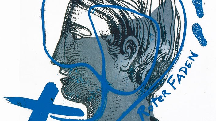 Illustration: Ein Kopf in grau gezeichnet, durch ihn führen wild blaue Linien, am Hinterkopf steht "roter Faden".