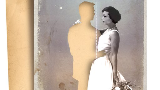 Symbolbild Scheidung: altes Foto eines Hochzeitspaares, in dem der Ehemann ausgeschnitten ist.