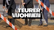 Cover des Podcasts "Teurer Wohnen": Drei Männer in Anzug beim Spatenstich eines Bauprojektes