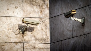 Zwei Überwachungskameras an einer grauen Wand.