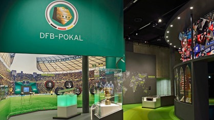 Vitrine mit DFB-Pokal unter Schriftzug DFB-Pokal im Sportmuseum