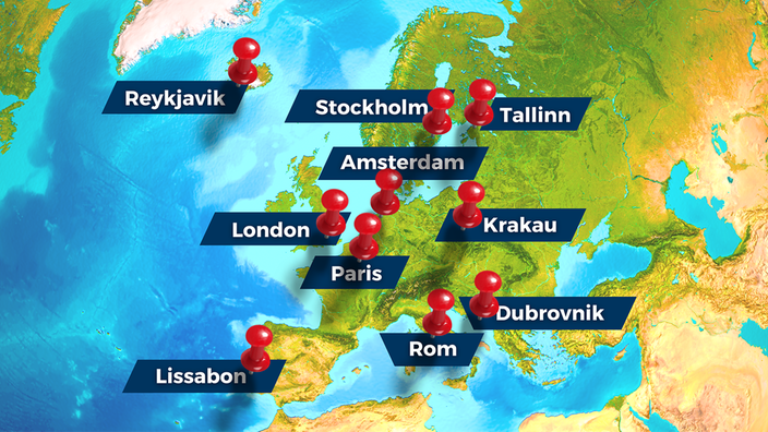 Europa erleben mit WDR 2 - eine Karte der zehn verschiedenen Reiseziele: Reykjavik, Stockholm, Tallinn, Amsterdam, London, Krakau, Paris, Dubrovnik, Rom, Lissabon