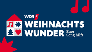 WDR 2 Weihnachtswunder Logo: Stilisiertes Haus mit den Symbolen "Note", "Baum", "Herz" und "Stern". Dazu der Titel "WDR 2 Weihnachtswunder. Euer Song hilft!".