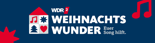 WDR 2 Weihnachtswunder Logo: Stilisiertes Haus mit den Symbolen "Note", "Baum", "Herz" und "Stern". Dazu der Titel "WDR 2 Weihnachtswunder. Euer Song hilft!".