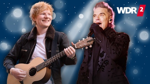 Ed Sheeran (l) und Robbie Williams bei Konzertauftritten (Collage)