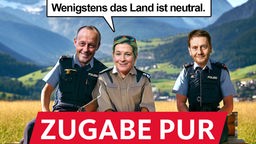 Satirische Bildmontage: Friedrich Merz, Claudia Pechstein und Michael Kretschmer sitzen alle drei in Uniform auf einer Bank vor der schweizer Bergidylle