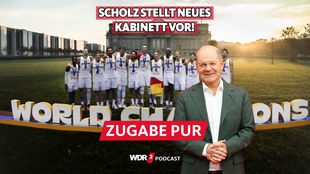 Satirische Foto-Montage: Olaf Scholz und die deutsche Basketball-Nationalmannschaft posieren als neues Kabinett vor dem Reichstag