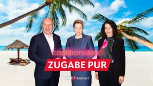 Satirische Fotomontage: Kai Wegner (CDU), Franziska Giffey (SPD) und Bettina Jarasch (Grüne) stehen an einem tropischen Strand und lächeln