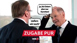 Satirische Fotomontage mit Sprechblasen: Boris Pistorius fragt "Liefern wir noch?" - Olaf Scholz antwortet lachend "Ja, bis Ostern aber nur Karotten!"
