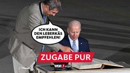 Satirische Fotomontage: Joe Biden sitzt vor dem Gästebuch beim G7-Gipfel, Markus Söder zeigt auf das Buch und sagt "Ich kann den Leberkäs empfehlen!"