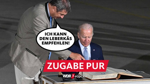 Satirische Fotomontage: Joe Biden sitzt vor dem Gästebuch beim G7-Gipfel, Markus Söder zeigt auf das Buch und sagt "Ich kann den Leberkäs empfehlen!"