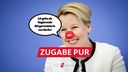Satirische Fotomontage: Dr. Franziska Giffey lacht in die Kamera, trägt eine rote SPD-Pappnase und sagt in einer Sprechblase: "Ich gehe als Regierende Bürgermeisterin von Berlin"