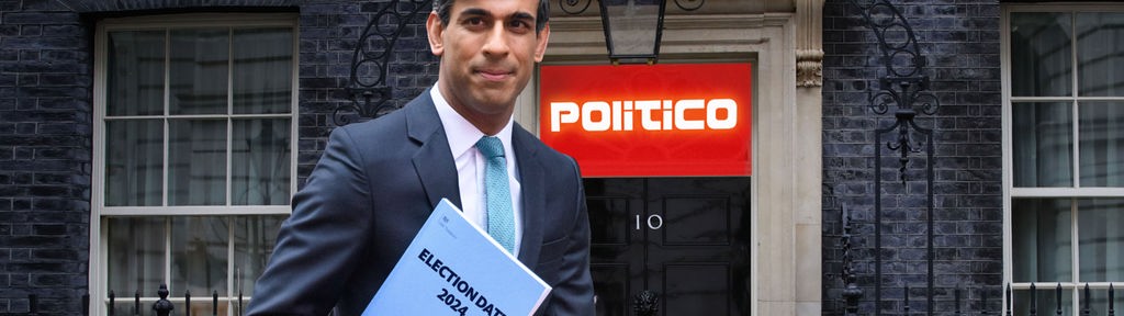 Satirische Fotomontage: Englands Premier Rishi Sunak steht vor der Downing Street Nr. 10, über der Tür leuchtet die Reklame "Politico" im Stil eines Wettbüros