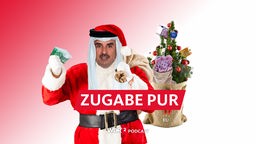 Satirische Fotomontage: Der Emir von Katar im Weihnachtsmann-Kostüm hält 100-Euro-Scheine in der Hand, im Hintergrund ein Weihnachtsbaum, der mit Euronoten und Kugeln mit dem Symbol der EU geschmückt ist