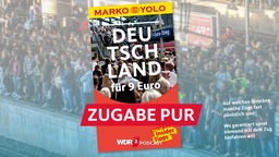 Satirische Fotomontage: Ein "Deutschland für 9 Euro" Reiseführer im Marco-Polo-Design, auf dem Cover ist ein überfüllter Bahnsteig zu sehen