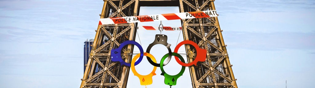 Satirische Fotomontage: Am Eiffelturm hängen olympische Ringe in Handschellenform, der Turm ist mit Polizei-Absperrband umhüllt