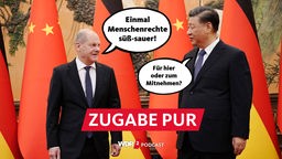 Satirische Fotomontage: Olaf Scholz und Xi Jinping mit Sprechblasen - Scholz sagt "Einmal Menschenrechte süß-sauer", Xi antwortet "Für hier oder zum Mitnehmen?" 