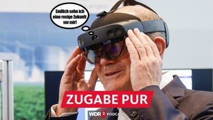 Olaf Scholz mit einer VR-Brille und einer Sprechblase laut der er seine Zukunft nun rosig sieht