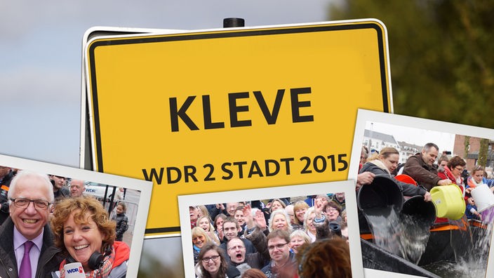 Stadtschild von Kleve mit der Aufschrift "WDR 2 Stadt 2015"