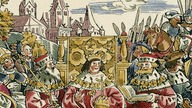 Colorierte Grafik : Krönung  Karl V. zum dt. Koenig 1520