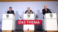 Pressekonferenz nach dem Bund-Länder-Treffen zur Migrationspolitik: (v.l.) Hessens Ministerpräsident Boris Rhein, Bundeskanzler Olaf Scholz, Niedersachsens Ministerpräsident Stephan Weil