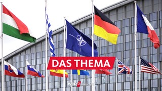 Flaggen der NATO und einiger Mitgliedsstaaten vor dem NATO-Hauptquartier in Brüssel. 