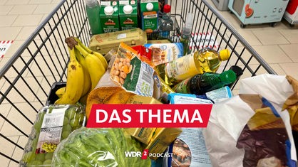 Lebensmittel liegen in einem Einkaufswagen in einem Supermarkt