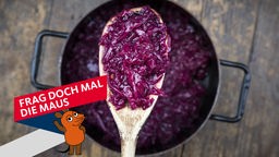 Löffel und Topf mit gekochtem Rotkohl