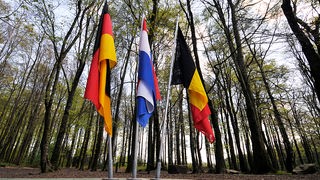 Dreiländereck: Die Fahnen Deutschlands, der Niederlande und Belgiens