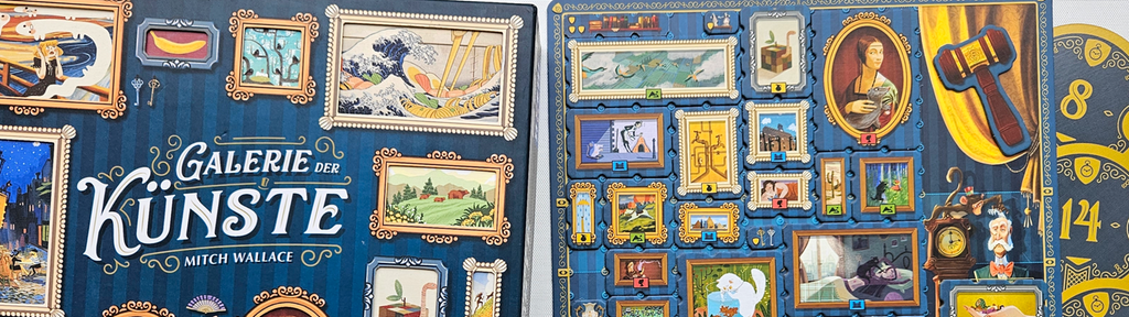 Die Spielschachtel von "Galerie der Künste" zeigt eingerahmte Gemälde and einer blauen Wand, daneben ein Wandspielbrett, dass mit zahlreichen bunten Gemälden belegt ist.