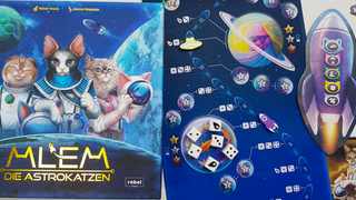 Die Spieleschachtel von Mlem zeigt drei antropomorphe Katzen, daneben die Weltraumspielmatte mit Raketen und Würfeln