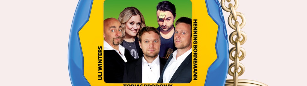 Die Comedians Uli Winters, Lisa Feller; Tobias Brodowy, Dr.Pop, Henning Bornemann in einem Tamagotchi