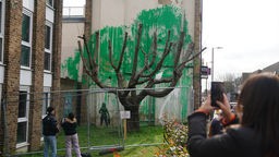 Auf eine Hauswand in London wurde hinter einem stark beschnittenen Baum ein Bild gemalt, das so den Eindruck vermittelt, als würde der Baum Blätter tragen, an der rechten Seite wurde das Werk mit weißer Farbe verunstaltet.